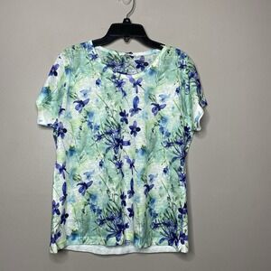 Milano Womens Knit Blouse Size M Short‎ Sleeve Floral Semi Sheer Top
